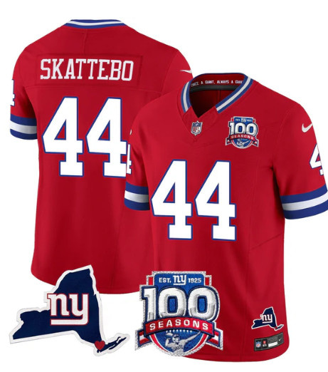 Men's New York Giants #44 Cam Skattebo Red 2025 Draft F.U.S.E. 100th Season & State Patch Vapor Limited Stitched Football Jersey